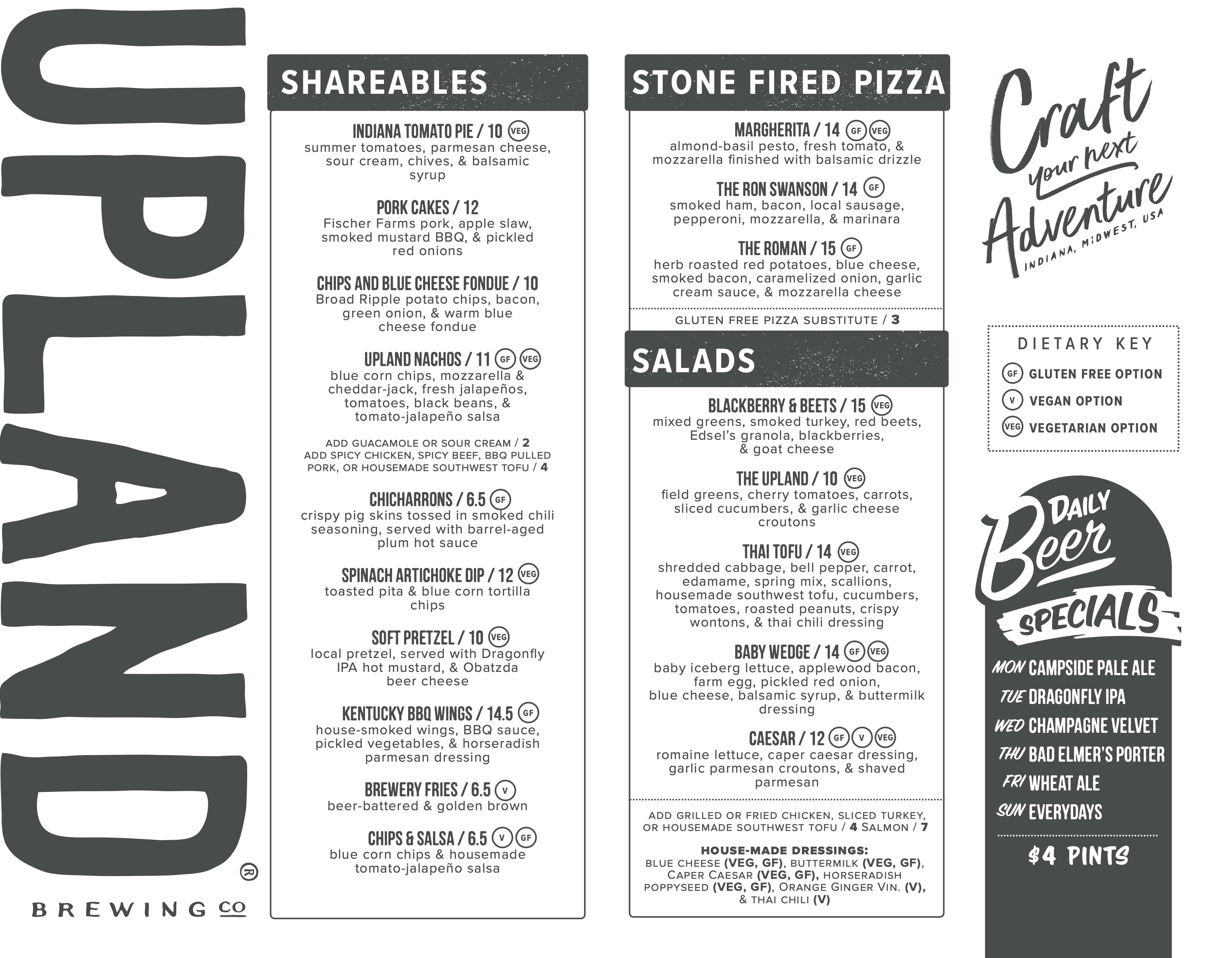 Menu Pizza Upland Brewing Co.